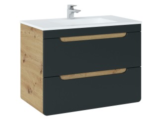 Zestaw mebli: Szafka z umywalką 60cm, Wysoki słupek, Szafka wisząca, Szafka stojąca, Szafka z Lustrem czarny/dąb naturalny, ARUBA