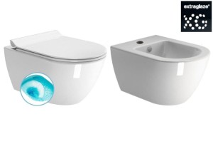 Miska WC wisząca 50x36 cm z deską+Bidet podwieszany 50x36 cm+ elementy montażowe biały połysk GSI PURA ExtraGlaze   