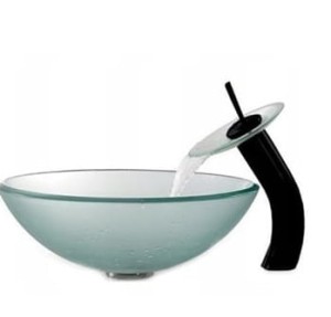  SZKLANA UMYWALKA BATERIA 30 cm WODOSPAD WYSOKA,MROŻONA/CZARNY MAT   