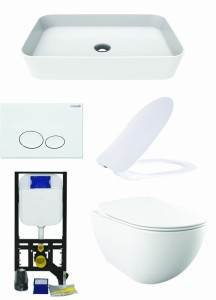Biały zestaw ceramiki Miska WC podwieszana 352x340x510 mm z deską soft+Umywalka nablatowa 60x40x10 cm  Creavit+ Stelaż podtynkowy, Regulacja 180-230 mm, 3/6L, 300kg+przycisk  