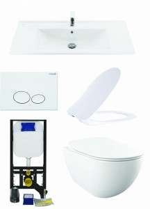 Biały zestaw ceramiki Miska WC podwieszana 352x340x510 mm z deską soft+Umywalka 100x45 cm Creavit+ Stelaż podtynkowy, Regulacja 180-230 mm, 3/6L, 300kg +przycisk 