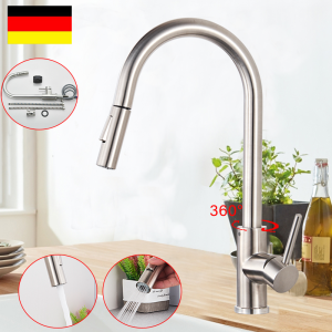 Bateria kuchenna z wyciąganą wylewką, Obracana o 360°, Stal nierdzewna, Jednouchwytowa, Kolor nikiel