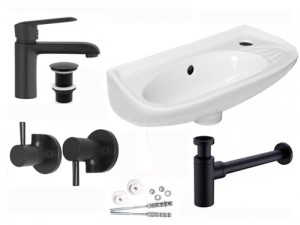 Zestaw Umywalka wisząca 51x25x14,5 cm SLIM z przelewem+ Bateria umywalkowa 15cm z korkiem czarny mat SIROS+ Syfon umywalkowy, czarny mat+2 x Zawór kątowy okrągły 1/2 x 3/8 CZARNY+ Komplet śrub do mocowania umywalki