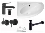 Zestaw UMYWALKA WISZĄCA NAROŻNA ELF-NAR+ Bateria umywalkowa 15cm z korkiem czarny mat SIROS+ Syfon umywalkowy, czarny mat+2 x Zawór kątowy okrągły 1/2 x 3/8 CZARNY+ Komplet śrub do mocowania umywalki