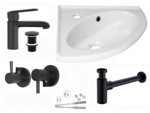 Zestaw UMYWALKA WISZĄCA NAROŻNA ELF-NAR+ Bateria umywalkowa 15cm z korkiem czarny mat SIROS+ Syfon umywalkowy, czarny mat+2 x Zawór kątowy okrągły 1/2 x 3/8 CZARNY+ Komplet śrub do mocowania umywalki