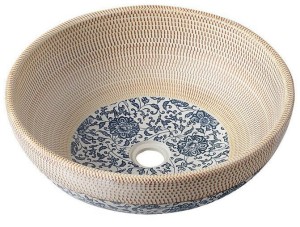 Umywalka ceramiczna, 42x15 cm-styl"Landhaus" ręcznie zdobiona beżowa z niebieskim wzorem